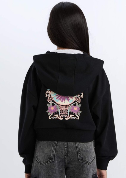 Kız Çocuk Baskılı Kapüşonlu İçi Yumuşak Tüylü Fermuarlı Sweatshirt D1569A824WN