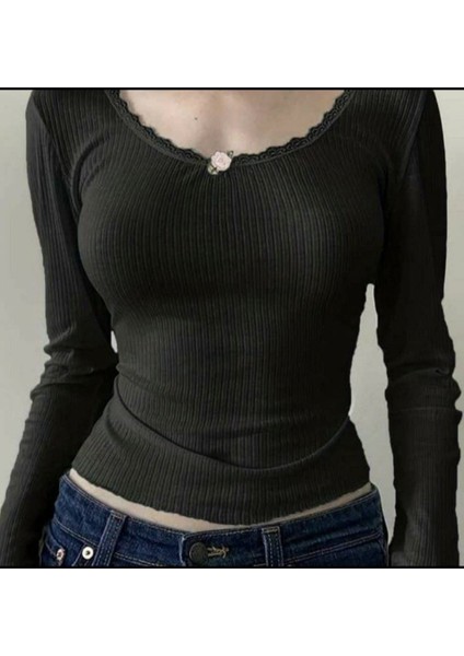 Önü Gül Detaylı Lolita Kaşkorse Uzun Kollu Princess Bluz