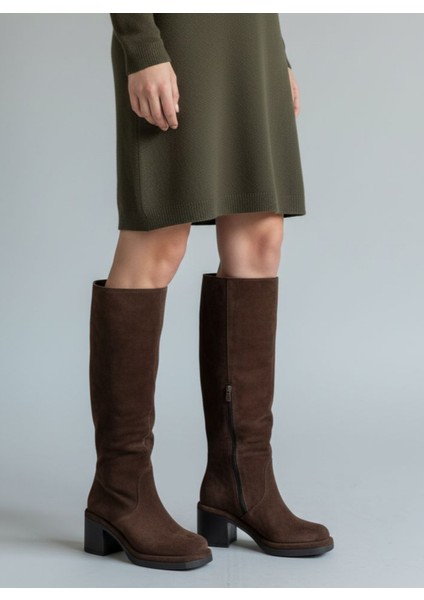 Cassido C1235 Hakiki Süet Deri 6 cm Topuk Kadın Diz Altı Kahverengi Süet Çizme