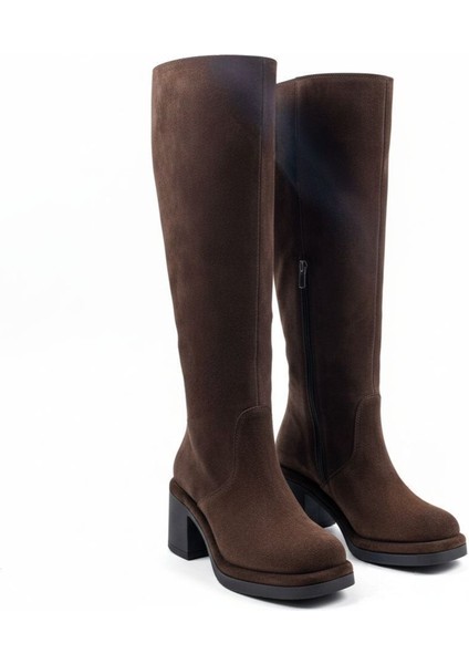Cassido C1235 Hakiki Süet Deri 6 cm Topuk Kadın Diz Altı Kahverengi Süet Çizme modelleri