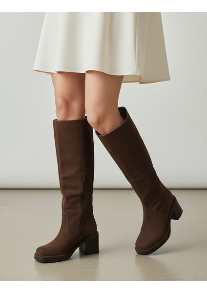 Cassido C1235 Hakiki Süet Deri 6 cm Topuk Kadın Diz Altı Kahverengi Süet Çizme