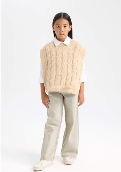 Kız Çocuk Bisiklet Yaka Saç Örgüsü Desenli Triko Süveter