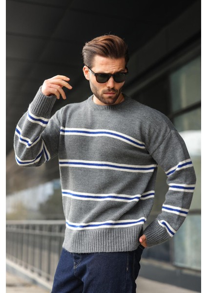 Antrasit Çizgili Triko Erkek Kazak E7457