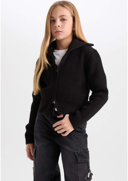 Kız Çocuk Basic Düz Dik Yaka Fermuarlı Siyah Triko Hırka