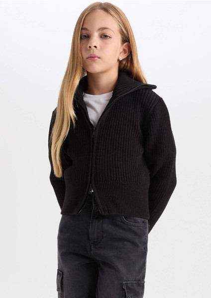 Kız Çocuk Basic Düz Dik Yaka Fermuarlı Siyah Triko Hırka