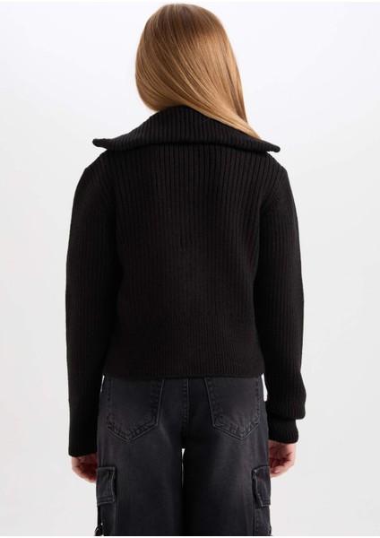 Kız Çocuk Basic Düz Dik Yaka Fermuarlı Siyah Triko Hırka