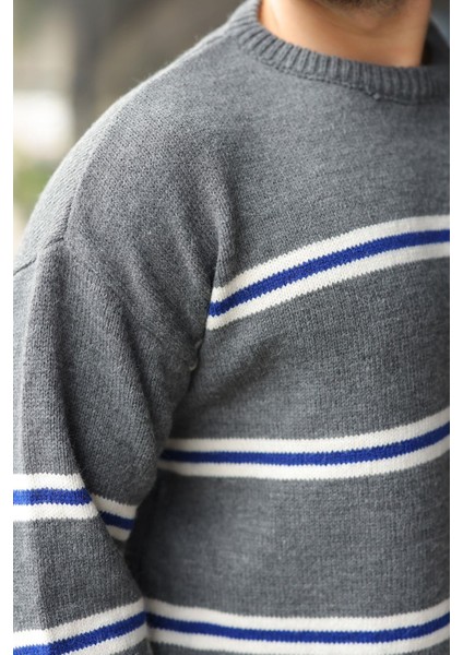 Antrasit Çizgili Triko Erkek Kazak E7457 modelleri