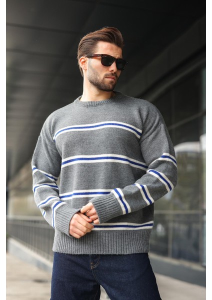 Antrasit Çizgili Triko Erkek Kazak E7457 fırsatları