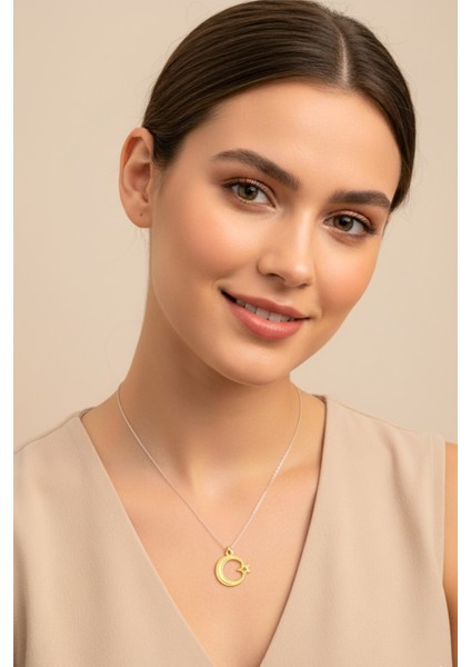 Mmif Altın Renkli Ayyıldız Kolye Ucu ve Zinciri Gümüş Kaplamakolye