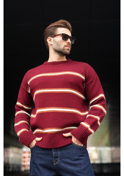Bordo Çizgili Triko Erkek Kazak E7457
