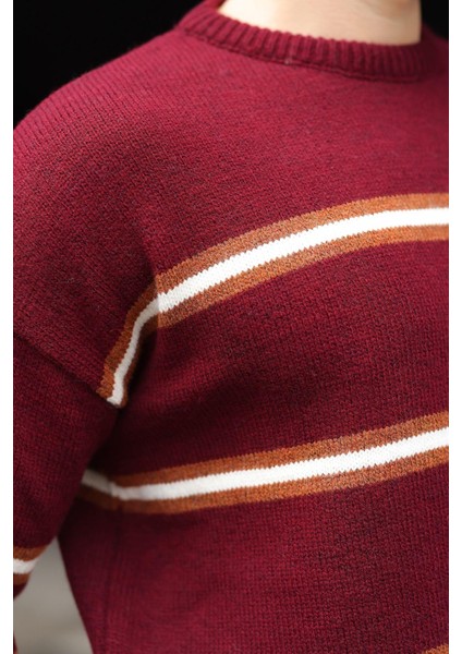Bordo Çizgili Triko Erkek Kazak E7457 modelleri