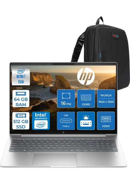 Probook 4 G1I Intel® Core Ultra 7 255U Aı 64GB Ddr5 512GB SSD Intel® Grafik 16" Wuxga (1920 x 1200), IPS,300 Nits Freedos Taşınabilir Bilgisayar C9FY2ETF17+ZETTAÇANTA