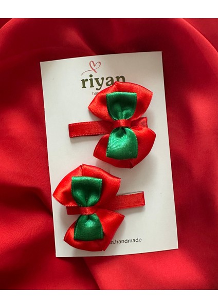 Yılbaşı Temalı Kırmızı Yeşil Saten Fiyonk Toka – 2’li Set | El Yapımı