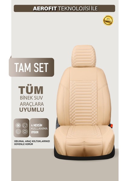 Renault Fluence Uyumlu Deri Oto Koltuk Kılıfı 5 Li Tam Set Revo Bej