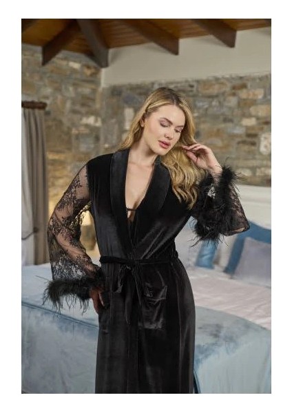 Aqua 26353 Dantelli ve Ortişli Kadife Sabahlık fiyatları