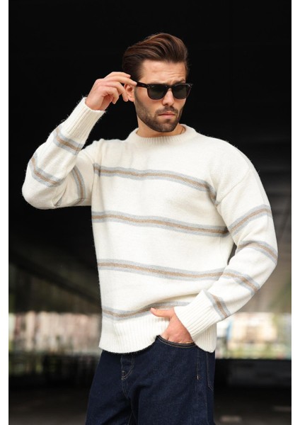 Kemik Rengi Çizgili Triko Erkek Kazak E7457