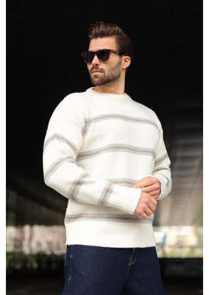 Kemik Rengi Çizgili Triko Erkek Kazak E7457 fırsatları