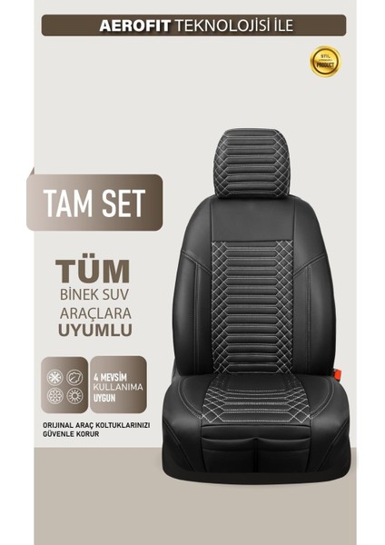 Chevrolet Lacetti Uyumlu Deri Oto Koltuk Kılıfı 5 Li Tam Set Revo Siyah-Beyaz