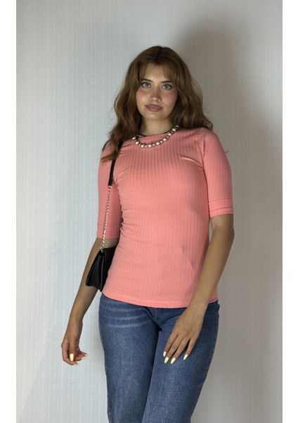 Kadın Kayık Yaka Yarım Kol Fitilli Bluz