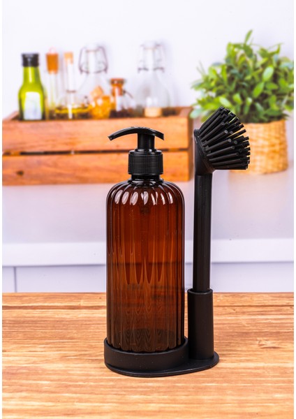 Dln Shop Yumuşak Silikon Fırçalı Tezgah Üstü Mutfak Banyo Sıvı Sabunluk Takımı-Bulaşık Yıkama Temizlik Seti