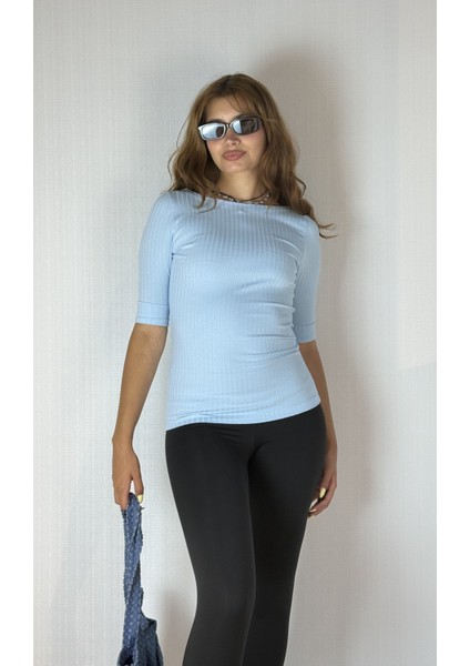 Kadın Kayık Yaka Yarım Kol Fitilli Bluz