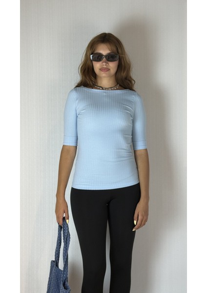 Kadın Kayık Yaka Yarım Kol Fitilli Bluz