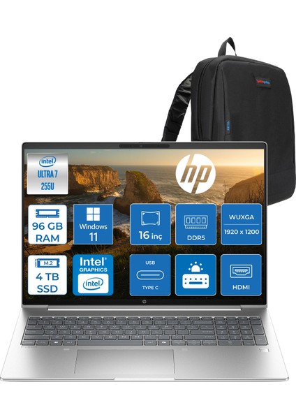 Probook 4 G1I Intel® Core Ultra 7 255U Aı 96GB Ddr5 4tb SSD Intel® Grafik 16" Wuxga (1920 x 1200), IPS,300 Nits WIN11PRO Taşınabilir Bilgisayar C9FY2ETP30+ZETTAÇANTA