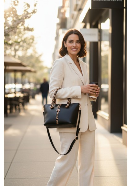 Kadın Leopar Şerit Detaylı Askılı El Omuz Çantası