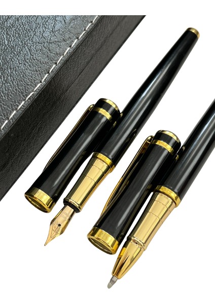 Şık Hediye Kutulu Premium Kalem Seti – Siyah Metal Gövdeli Dolma ve Roller Kalem – Altın Detaylı