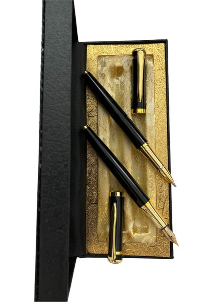 Şık Hediye Kutulu Premium Kalem Seti – Siyah Metal Gövdeli Dolma ve Roller Kalem – Altın Detaylı modelleri
