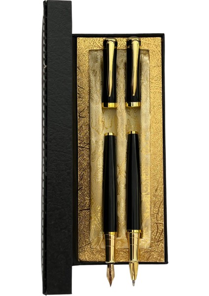 Şık Hediye Kutulu Premium Kalem Seti – Siyah Metal Gövdeli Dolma ve Roller Kalem – Altın Detaylı fırsatları