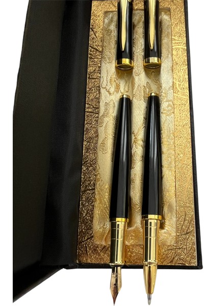 Şık Hediye Kutulu Premium Kalem Seti – Siyah Metal Gövdeli Dolma ve Roller Kalem – Altın Detaylı