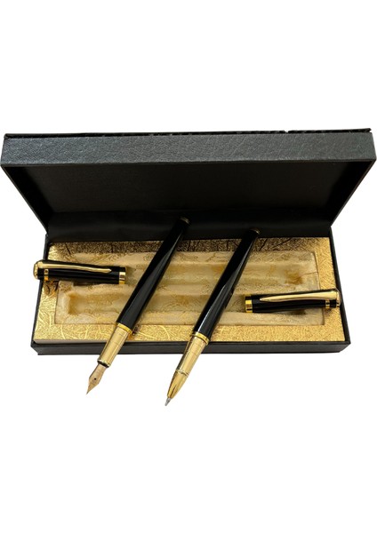 Şık Hediye Kutulu Premium Kalem Seti – Siyah Metal Gövdeli Dolma ve Roller Kalem – Altın Detaylı