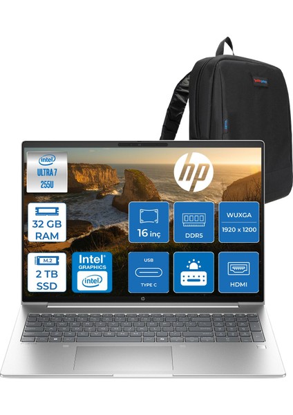 Probook 4 G1I Intel® Core Ultra 7 255U Aı 32GB Ddr5 2tb SSD Intel® Grafik 16" Wuxga (1920 x 1200), IPS,300 Nits Freedos Taşınabilir Bilgisayar C9FY2ETF09+ZETTAÇANTA