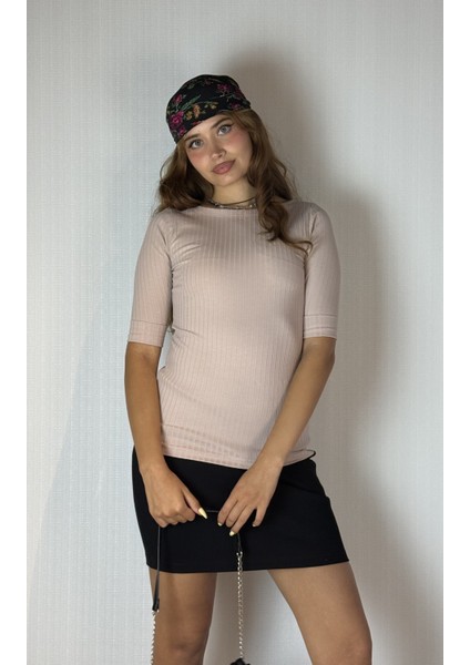 Kadın Kayık Yaka Yarım Kol Fitilli Bluz