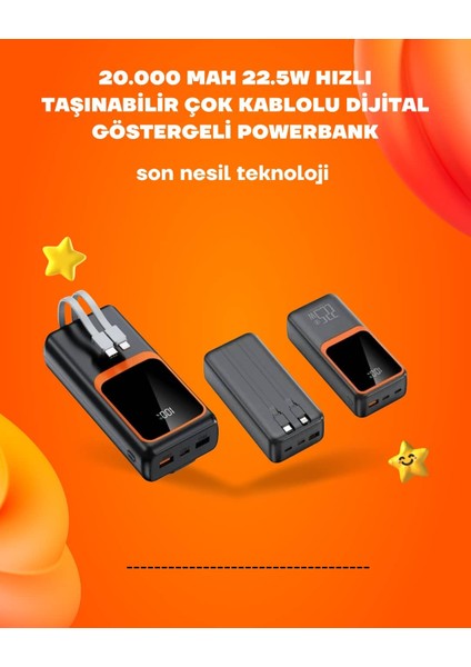 Powerbank 20000 Mah | 22.5W Hızlı Şarj, Dahili Kablolu, LCD Ekranlı Şarj Cihazı