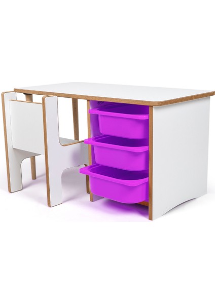 3 Çekmeceli Çocuk Etkinlik Masası - Beyaz Mdf - Lila Çekmeceli - 18MM 1.sınıf Mdf