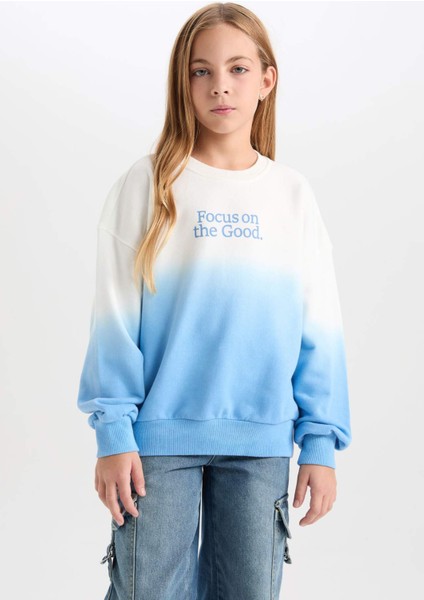 Kız Çocuk Oversize Geniş Kalıp Bisiklet Yaka Degrade Baskılı Sweatshirt D2887A824WN