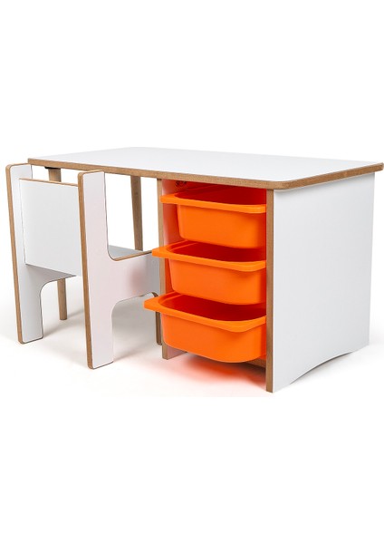 3 Çekmeceli Çocuk Etkinlik Masası - Beyaz Mdf - Turuncu Çekmeceli - 18MM 1.sınıf Mdf