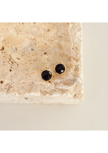 Siyah Oniks Yuvarlak Doğal Taş Küpe