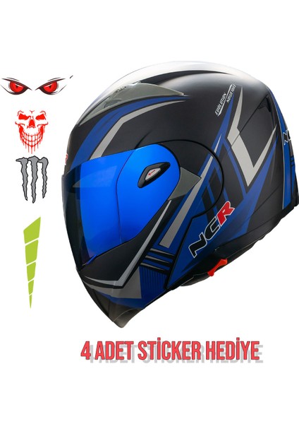 Çene Açılır Mavi Vizörlü Motosiklet Kaskı Ece Belgeli