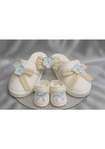 Tasarım Lohusa Seti Mavi Yapay Çiçekli Dantel Detaylı Taç Terlik Seti indirimleri