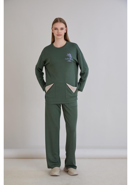 Kadın Cepleri Deri Garnili Baskılı Haki Eşofman Takımı fiyatları