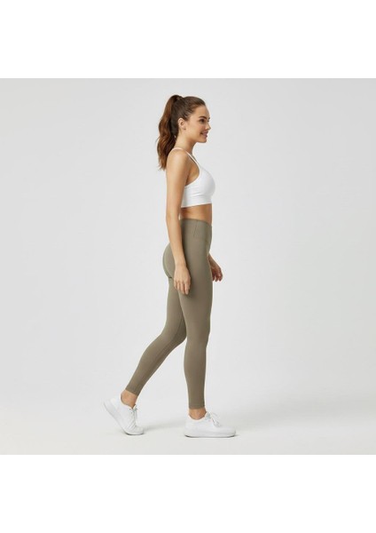 Kadın Yanı Dikişsiz Yüksek Bel Haki Renk Basic Tayt indirimleri