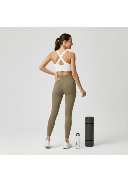 Kadın Yanı Dikişsiz Yüksek Bel Haki Renk Basic Tayt