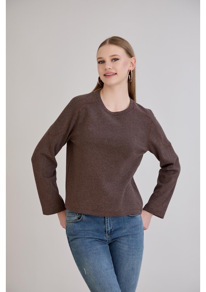 Günlük Kullanıma Uygun Geniş Yaka Regular Kalıp Simli Triko Kahverengi fırsatları