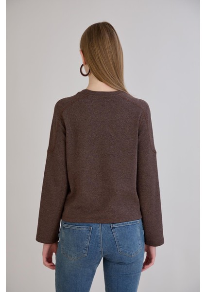 Günlük Kullanıma Uygun Geniş Yaka Regular Kalıp Simli Triko Kahverengi