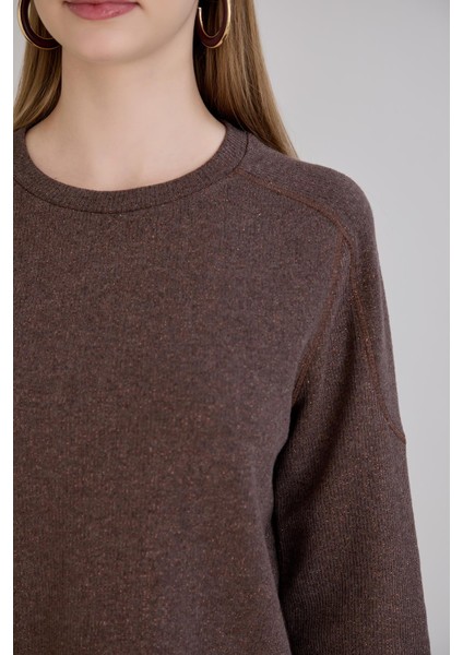 Günlük Kullanıma Uygun Geniş Yaka Regular Kalıp Simli Triko Kahverengi