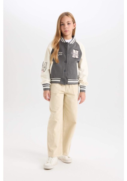 Kız Çocuk Nakışlı Kolej Yaka Çıtçıtlı İçi Yumuşak Tüylü Bomber Ceket