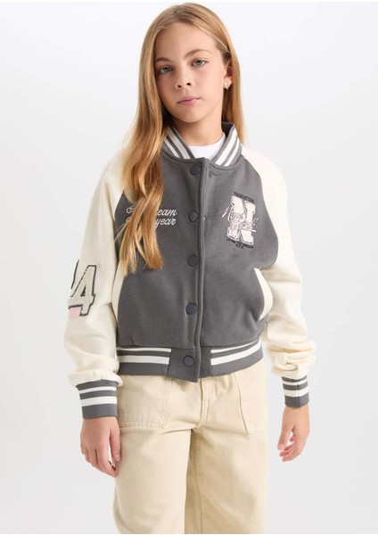 Kız Çocuk Nakışlı Kolej Yaka Çıtçıtlı İçi Yumuşak Tüylü Bomber Ceket